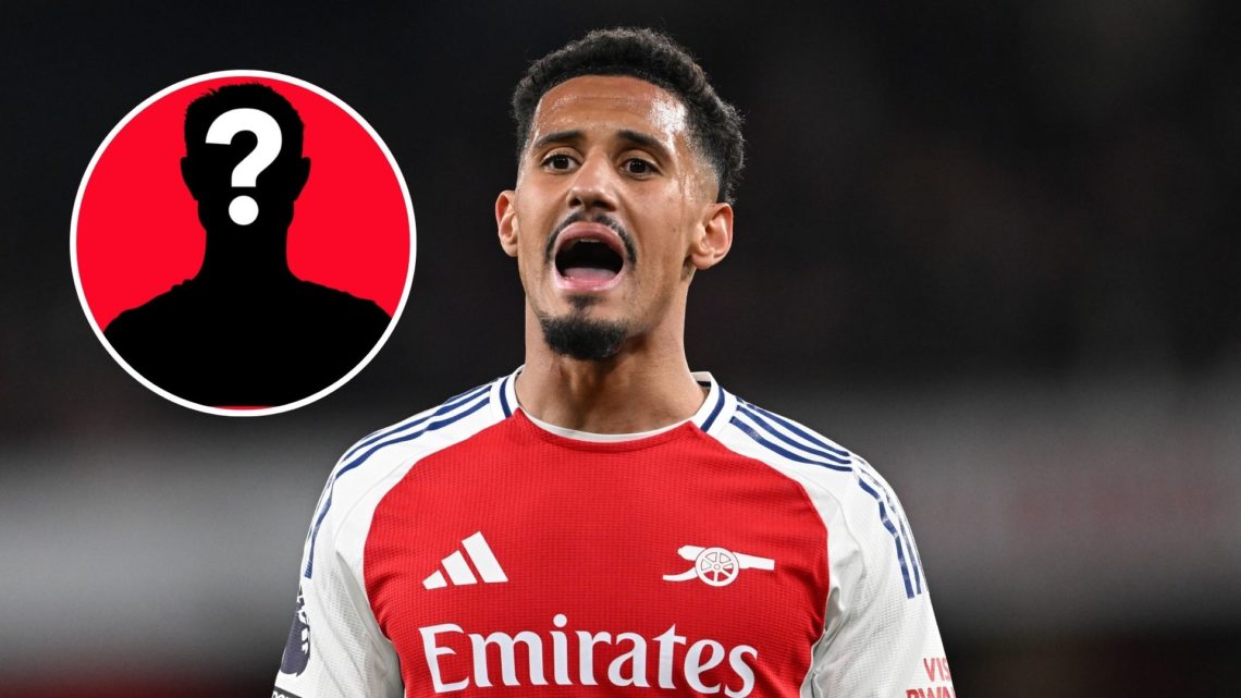 Image of William Saliba of Arsenal during the Premier League match between Arsenal FC and Fulham, inset of a mystery player