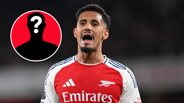 Image of William Saliba of Arsenal during the Premier League match between Arsenal FC and Fulham, inset of a mystery player