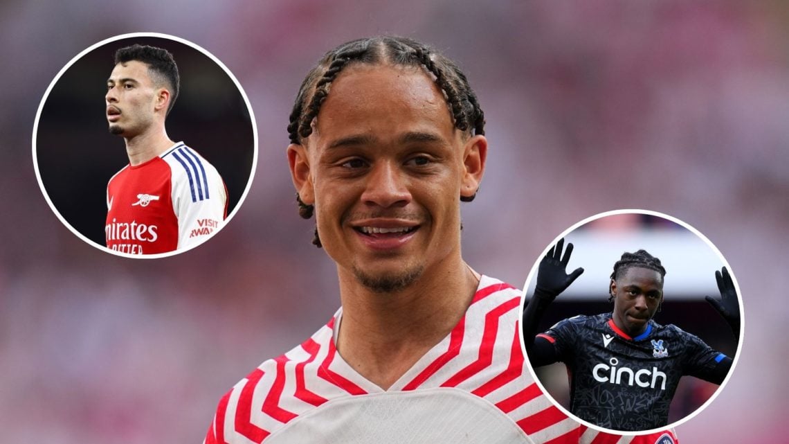 Image of Xavi Simons of RB Leipzig looks on during the Bundesliga match between RB Leipzig and Borussia Dortmund, insets of Gabriel Martinelli of A...