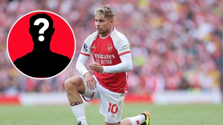 Image of Emile Smith Rowe of Arsenal during the Premier League match between Arsenal FC and Everton, inset of a mystery player