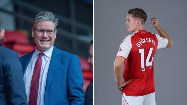 Split Image of politician Sir Keir Starmer during the Premier League match between Crystal Palace and Arsenal, Arsenal unveil new signing Viktor Gy...