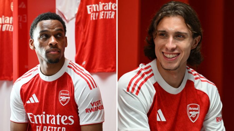 Split Image of Jurrien Timber of Arsenal during the Adidas Arsenal 25-26 kit shoot at Emirates Stadium, Riccardo Calafiori of Arsenal during the Ad...