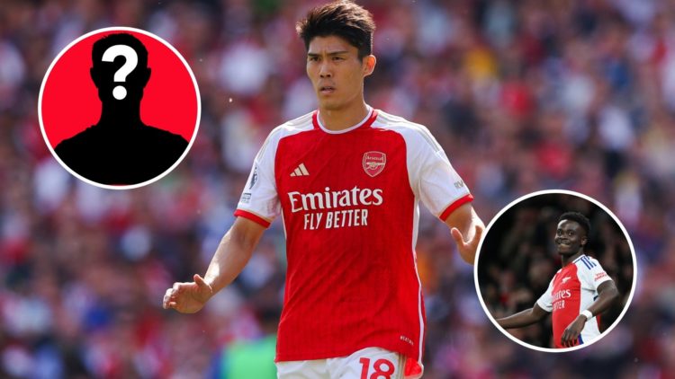Image of Takehiro Tomiyasu of Arsenal during the Premier League match between Arsenal FC and Everton, insets of Bukayo Saka of Arsenal celebrates s...
