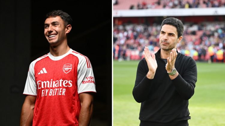 Split Image of Arsenal unveil new signing Martin Zubimendi at Emirates Stadium, Mikel Arteta, Manager of Arsenal, acknowledges the fans after the t...