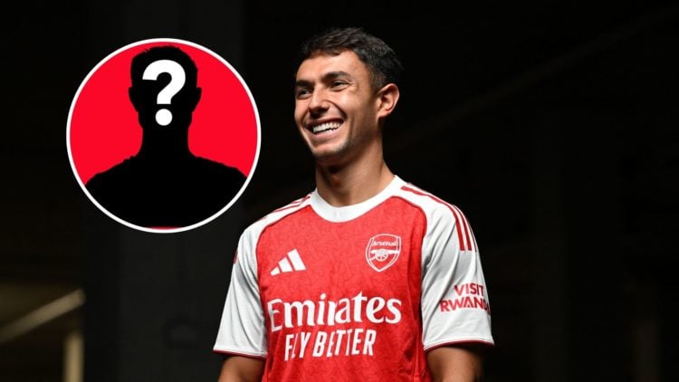 Image of Arsenal unveil new signing Martin Zubimendi at Emirates Stadium, inset of a mystery player