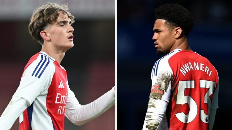 A split image of Arsenal academy pair Max Dowman and Ethan Nwaneri