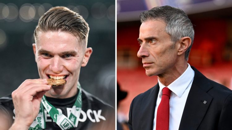 Viktor Gyokeres celebrates with the Liga Portugal medal after Sporting CP beat Vitoria (L), Andrea Berta, Sporting Director of Arsenal, looks on pr...