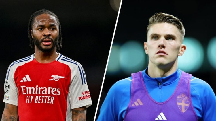 Split image of (L) Raheem Sterling looking on during an Arsenal game and (L) Viktor Gyokeres warming up as a substitute during a Sweden game