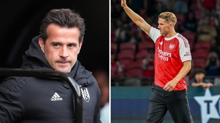 Split image of (L) Marco Silva looking on during a Fulham game and (R) Viktor Gyokeres being unveiled to Arsenal fans in Singapore