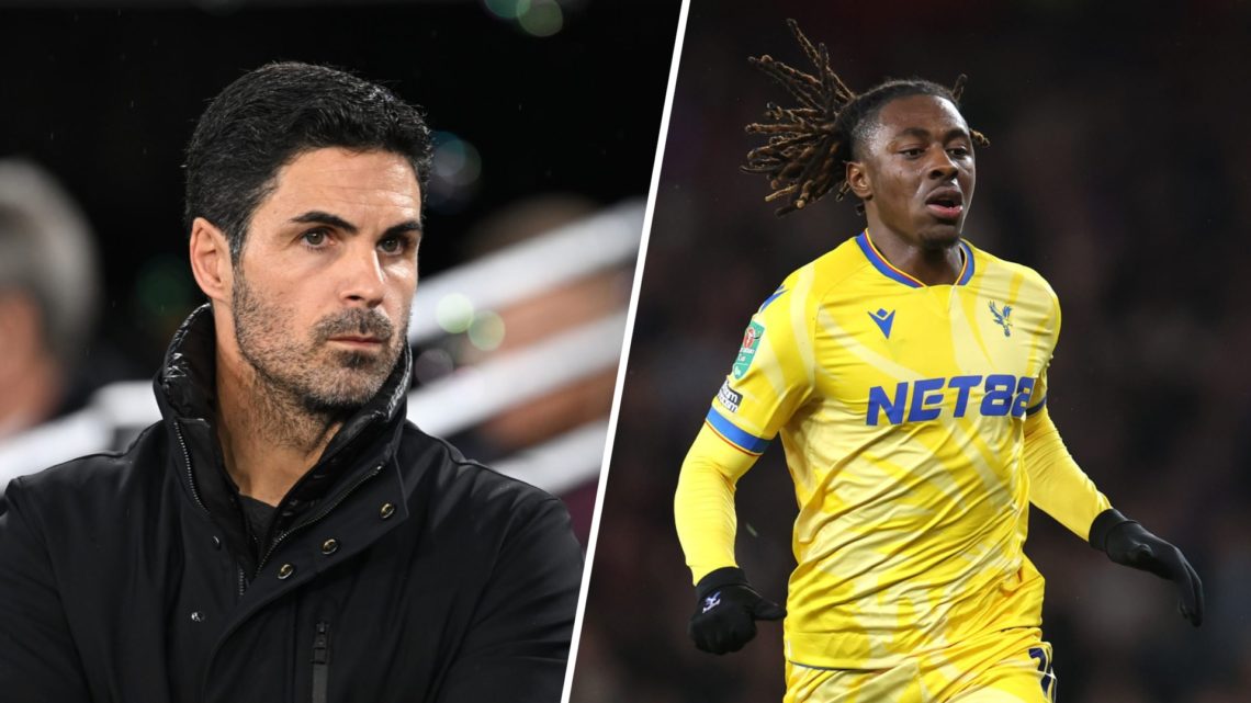 Split image of (L) Arsenal manager Mikel Arteta looking on during a game and (R) Eberechi Eze sprinting during a Crystal Palace game