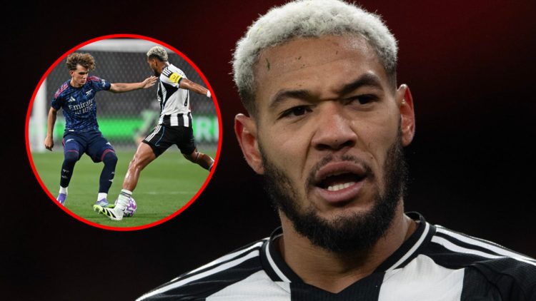 Joelinton during the Carabao Cup Semi Final First Leg match between Arsenal and Newcastle United, inset, Max Dowman takes on Joelinton during the p...