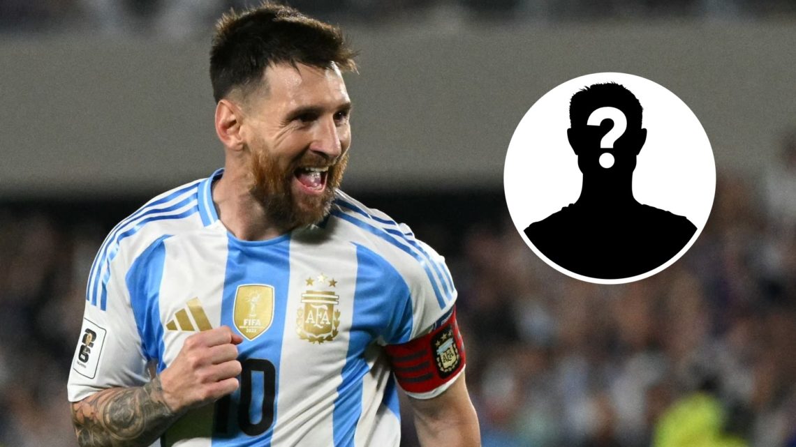 Image of Lionel Messi celebrating while playing for Argentina with an inset of a mystery player