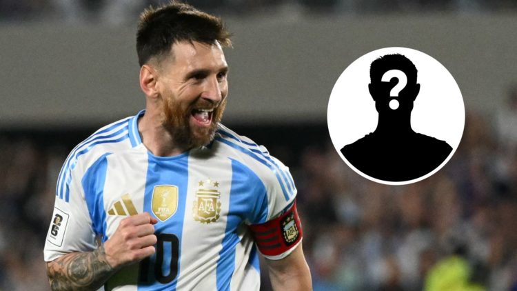 Image of Lionel Messi celebrating while playing for Argentina with an inset of a mystery player