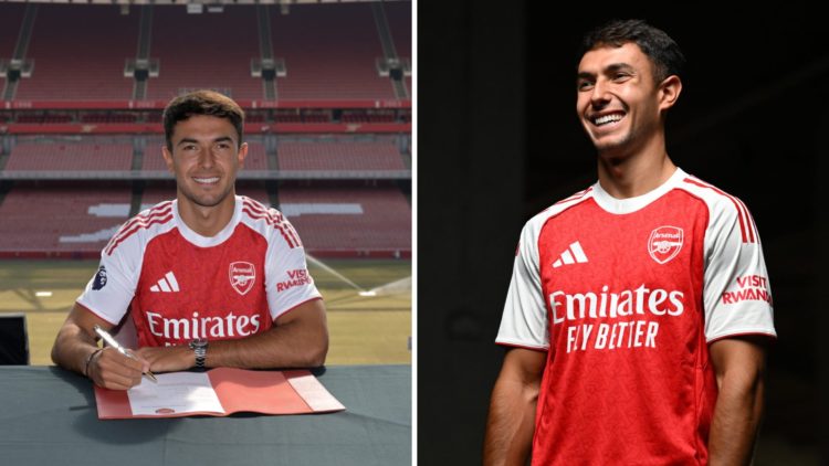 Martin Zubimendi of Arsenal poses (left) with a contract at the Emirates, Martin Zubimendi (right) poses in an Arsenal jersey