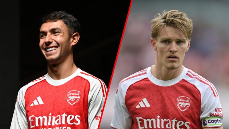 Split image of (L) Arsenal unveil new signing Martin Zubimendi at Emirates Stadium and (R) Martin Odegaard during the Premier League match between ...