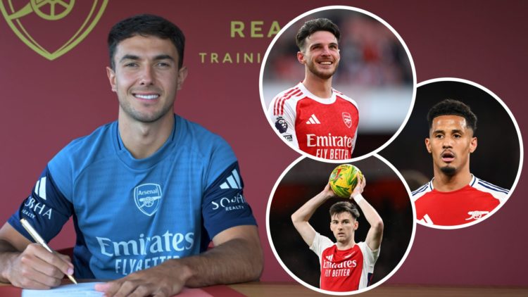 Martin Zubimendi of Arsenal poses (left) with a contract at the Emirates and three overlays (right) of Declan Rice, William Saliba and Kieran Tierney