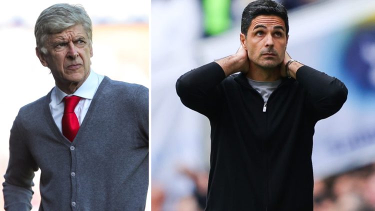 A split image featuring Arsene Wenger reacting during an Arsenal game alongside Mikel Arteta