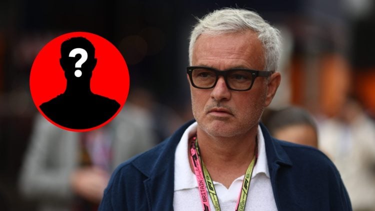 Jose Mourinho looks on during the British Grand Prix alongside a mystery player inset