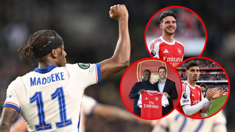 Noni Madueke during the UEFA Conference League semi-final football match Djurgardens IF vs Chelsea, insets, Declan Rice during the Premier League m...