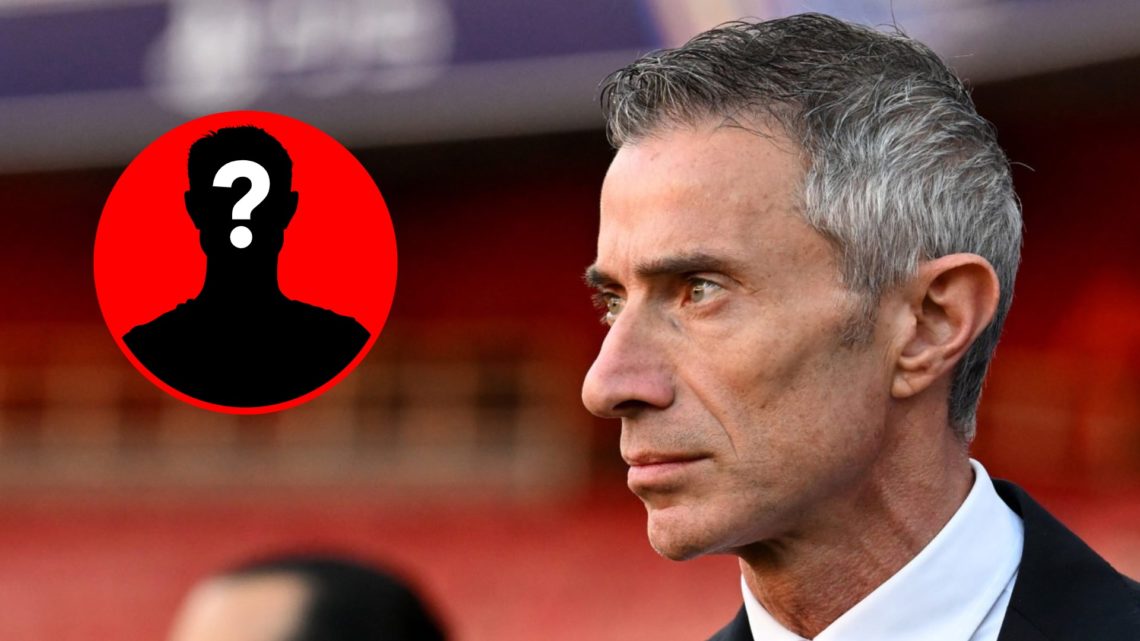 Andrea Berta looks on before an Arsenal match alongside a mystery player inset