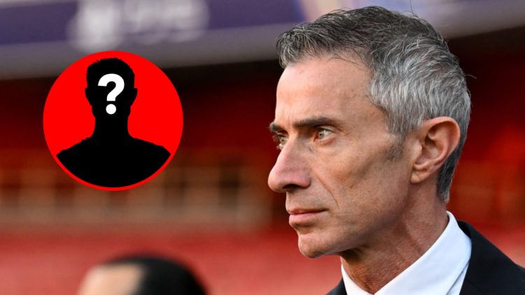 Andrea Berta looks on before an Arsenal match alongside a mystery player inset
