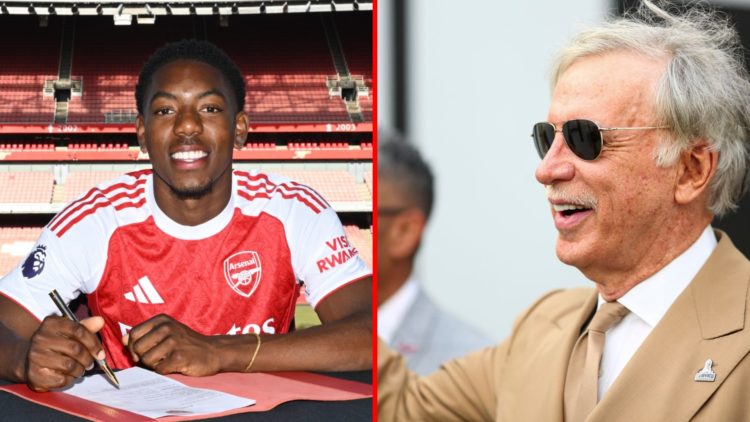 Split image of (L) Myles Lewis-Skelly signs a new long term contract for Arsenal and (R) Stan Kroenke prior to an NFL football game against the Tam...