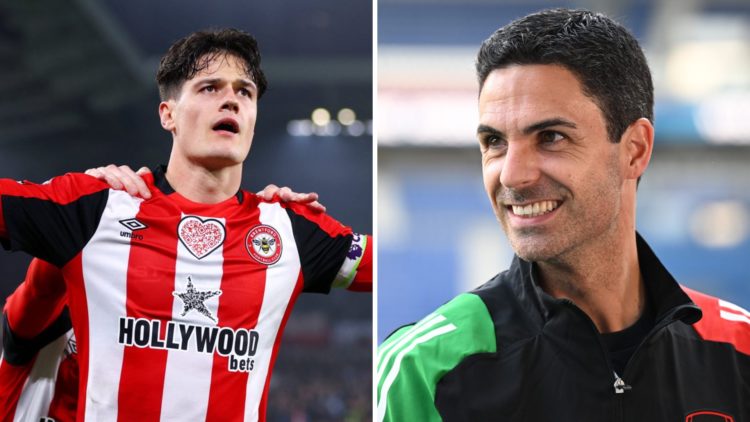 A split image featuring Christian Norgaard of Brentford alongside Arsenal manager Mikel Arteta smiling