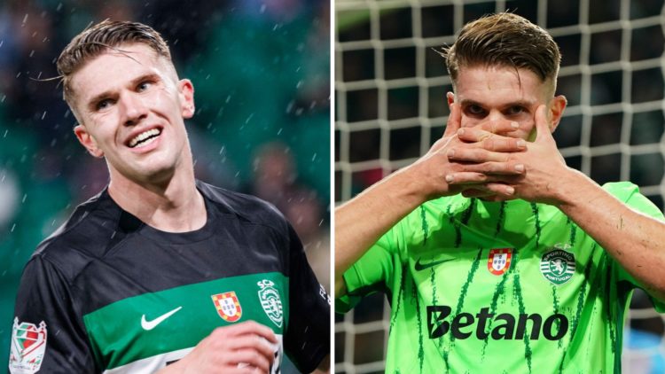 A split image of Viktor Gyokeres reacting concerned alongside a celebration for Sporting CP