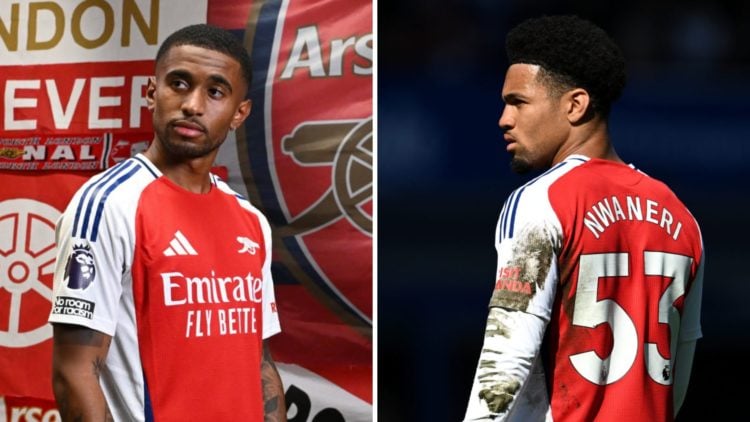 A split image featuring Arsenal stars Reiss Nelson and Ethan Nwaneri looking on