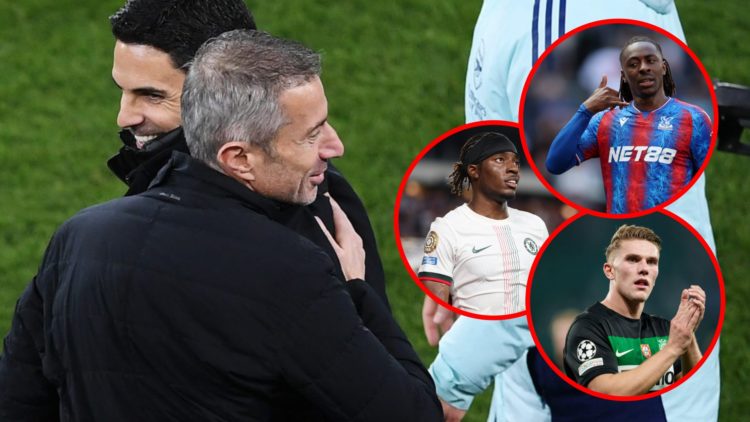 Mikel Arteta and Andrea Berta after the UEFA Champions League match between Arsenal and Real Madrid, insets, Eberechi Eze during the Premier League...