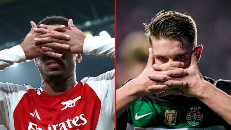 Split image of (L) Gabriel Magalhaes celebrates during Sporting CP vs Arsenal and (R) Viktor Gyokeres during the League Cup - Final match between S...