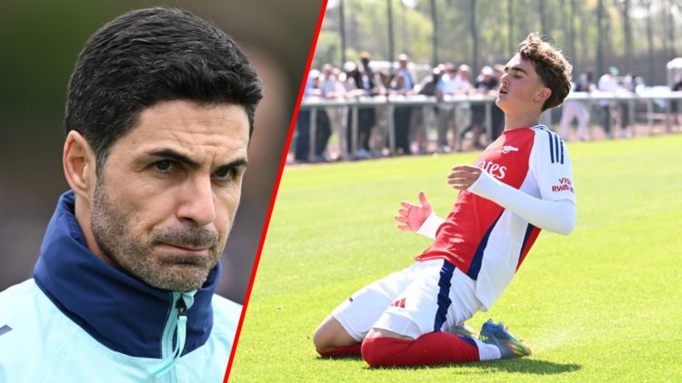 Split image of (L) Arsenal manager Mikel Arteta during a training session at Sobha Realty Training Centre and (R) Max Dowman during the U18 PL matc...