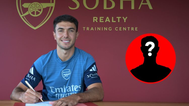 An image featuring Martin Zubimendi signing for Arsenal alongside a mystery player inset