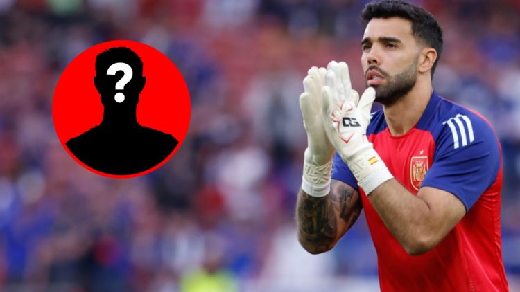David Raya applauds during a match between Spain and France next to a mystery player inset