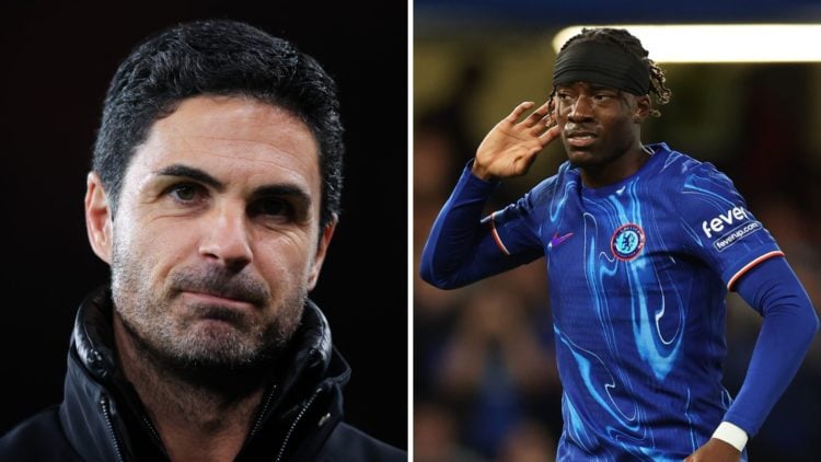 Split image of (L) Mikel Arteta smiling during an Arsenal game and (R) Noni Madueke cupping his ears during a Chelsea match