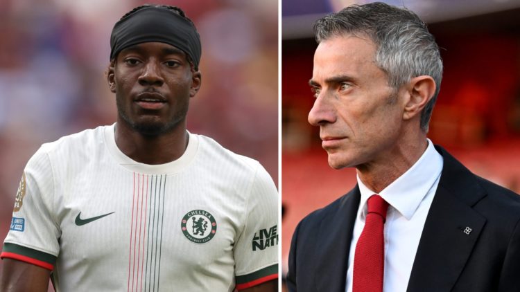 Noni Madueke of Chelsea FC looks on during the FIFA Club World Cup 2025 group D match between CR Flamengo and Chelsea FC (L), Andrea Berta, Sportin...