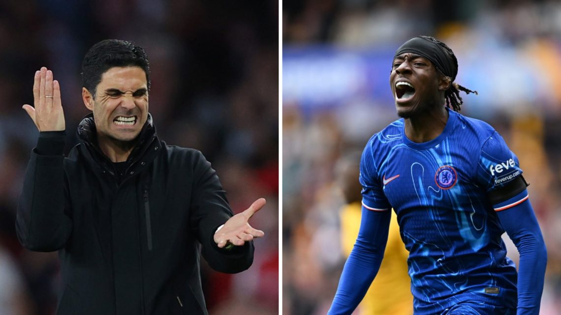 Split image of (L) Mikel Arteta expressing his frustrations during an Arsenal game and (R) Noni Madueke looking dejected while playing for Chelsea