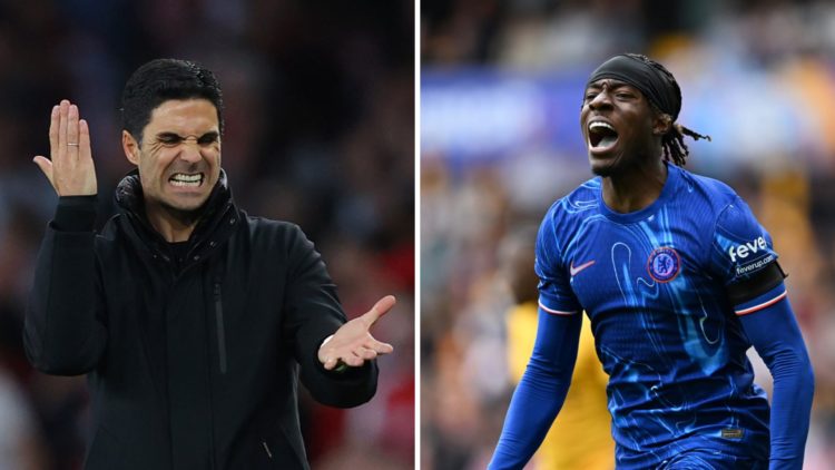 Split image of (L) Mikel Arteta expressing his frustrations during an Arsenal game and (R) Noni Madueke looking dejected while playing for Chelsea