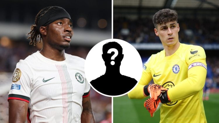 Split image of (L) Noni Madueke and (R) Kepa Arrizabalaga both looking on during Chelsea games, with an inset of a mystery player