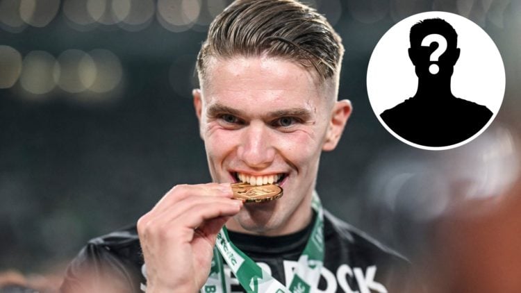 Viktor Gyokeres celebrates with the Liga Portugal medal after Sporting CP beat Vitoria, with mystery player inset.