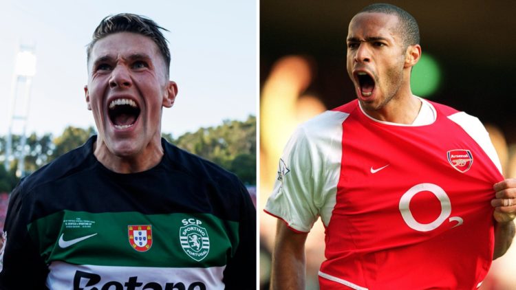 Viktor Gyokeres of Sporting celebrating the 2025 Portuguese Cup title after winning SL Benfica at Estadio Nacional do Jamor (L), Thierry Henry cele...