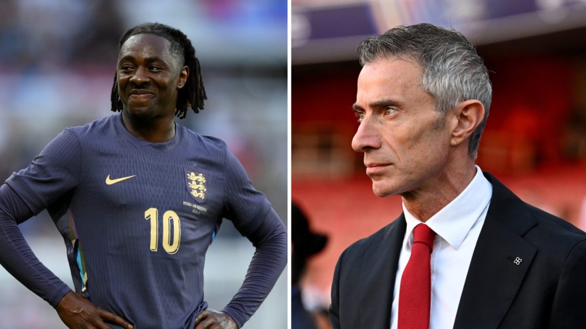 Eberechi Eze of England looks on during the international friendly match between England and Bosnia & Herzegovina at St James' Park (L), Andrea Ber...