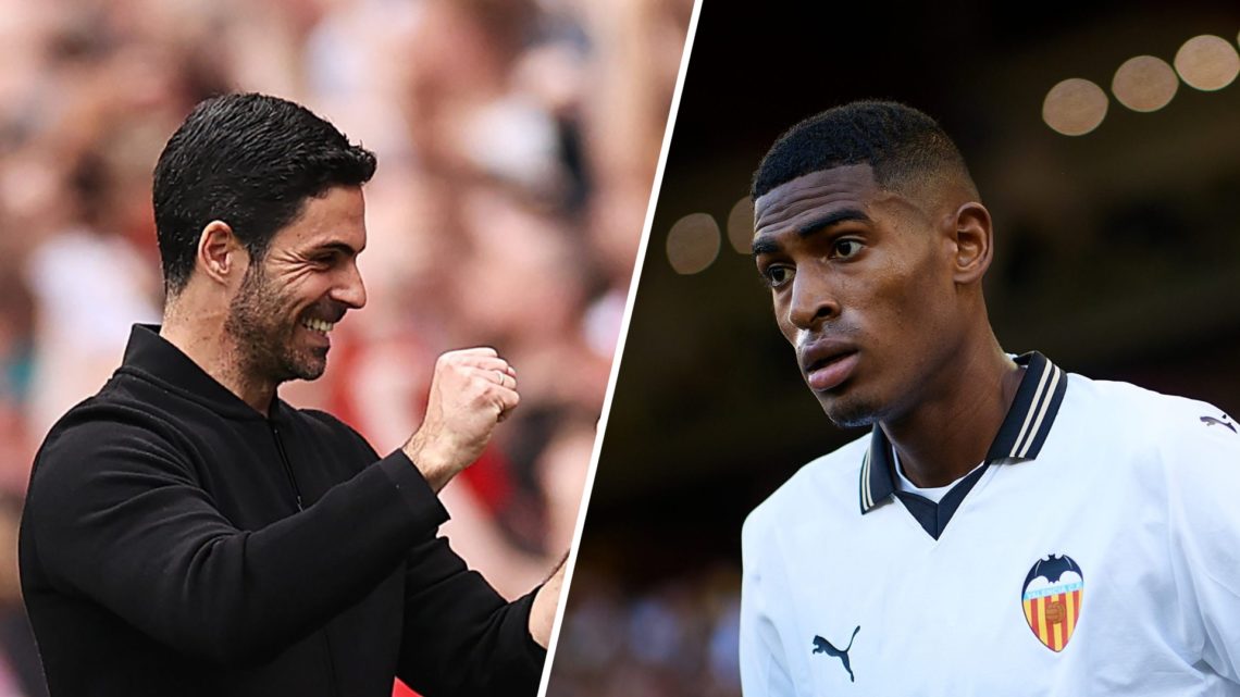 Split image of (L) Mikel Arteta celebrating during an Arsenal game and (R) Cristhian Mosquera looking on while playing for Valencia