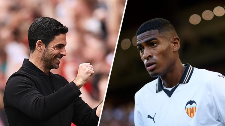 Split image of (L) Mikel Arteta celebrating during an Arsenal game and (R) Cristhian Mosquera looking on while playing for Valencia