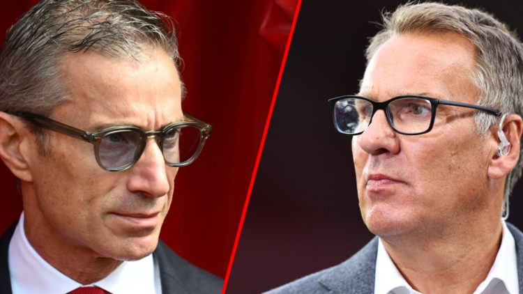 Split image of (L) Andrea Berta prior to the Premier League match between Southampton and Arsenal and (R) Paul Merson working for Sky Sports TV dur...
