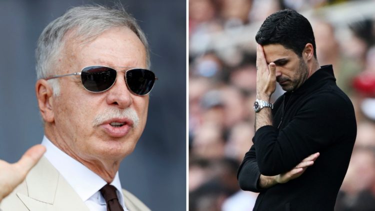 Split image of (L) Arsenal owner Stan Kroenke gesturing with his hand and (R) Mikel Arteta looking dejected during an Arsenal game