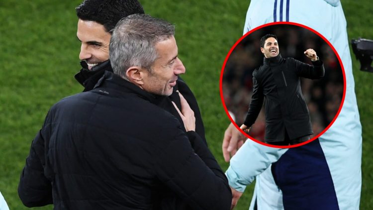 Mikel Arteta and Andrea Berta after Arsenal beat Real Madrid in the UEFA Champions League 2024/25 Quarter Final First Leg, inset, Mikel Arteta afte...