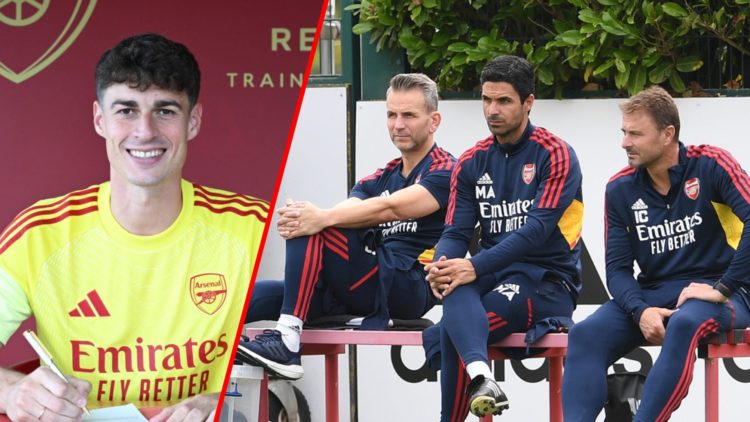 Mikel Arteta, Albert Stuivenberg and Inaki Cana at the Arsenal Training Ground, inset, Arsenal unveil new signing Kepa Arrizabalaga.
