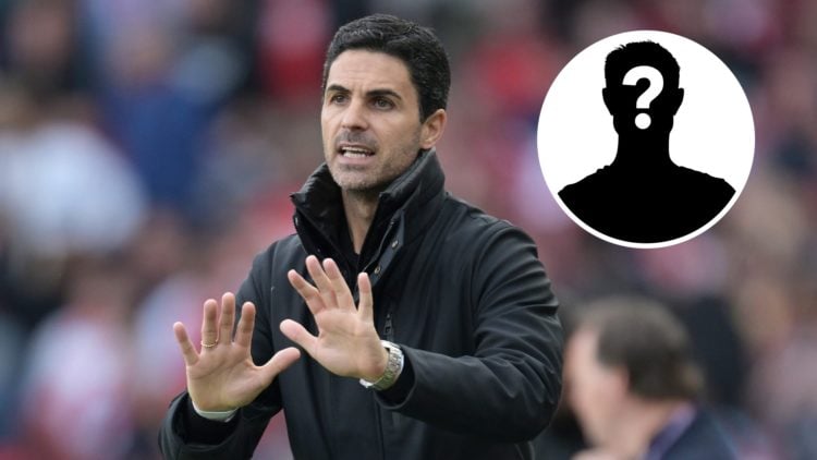 Mikel Arteta, Manager of Arsenal, gestures during the Premier League match between Arsenal FC and Newcastle United FC, with mystery player inset.