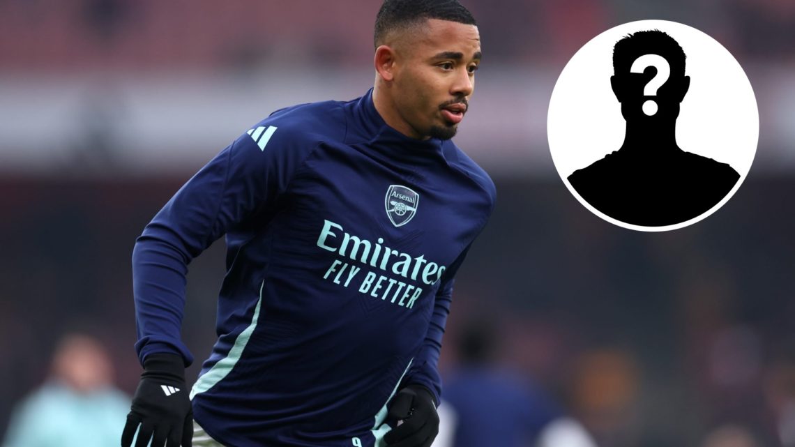 Gabriel Jesus of Arsenal warms up prior to the Emirates FA Cup Third Round match between Arsenal and Manchester United, with mystery player inset.